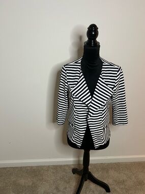 City Chic Black and White Striped Open-Front Blazer